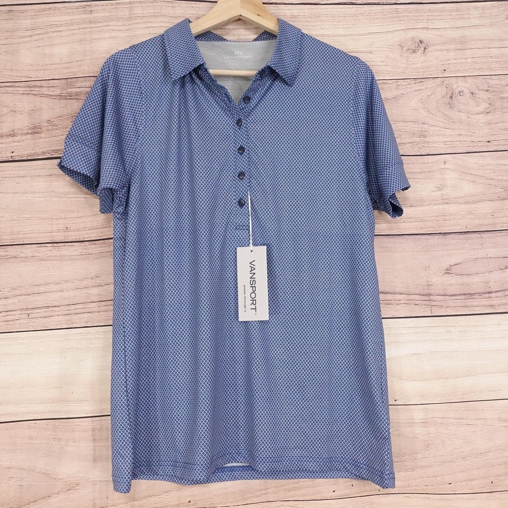 New! Vansport Polo Womens M Blue Collared Short Sleeve Geometric Print Shirt Top